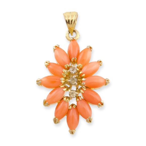 Vintage Faux Coral Necklace Pendant Starburst Cluster Rhinestone Gold Plated - Picture 1 of 4